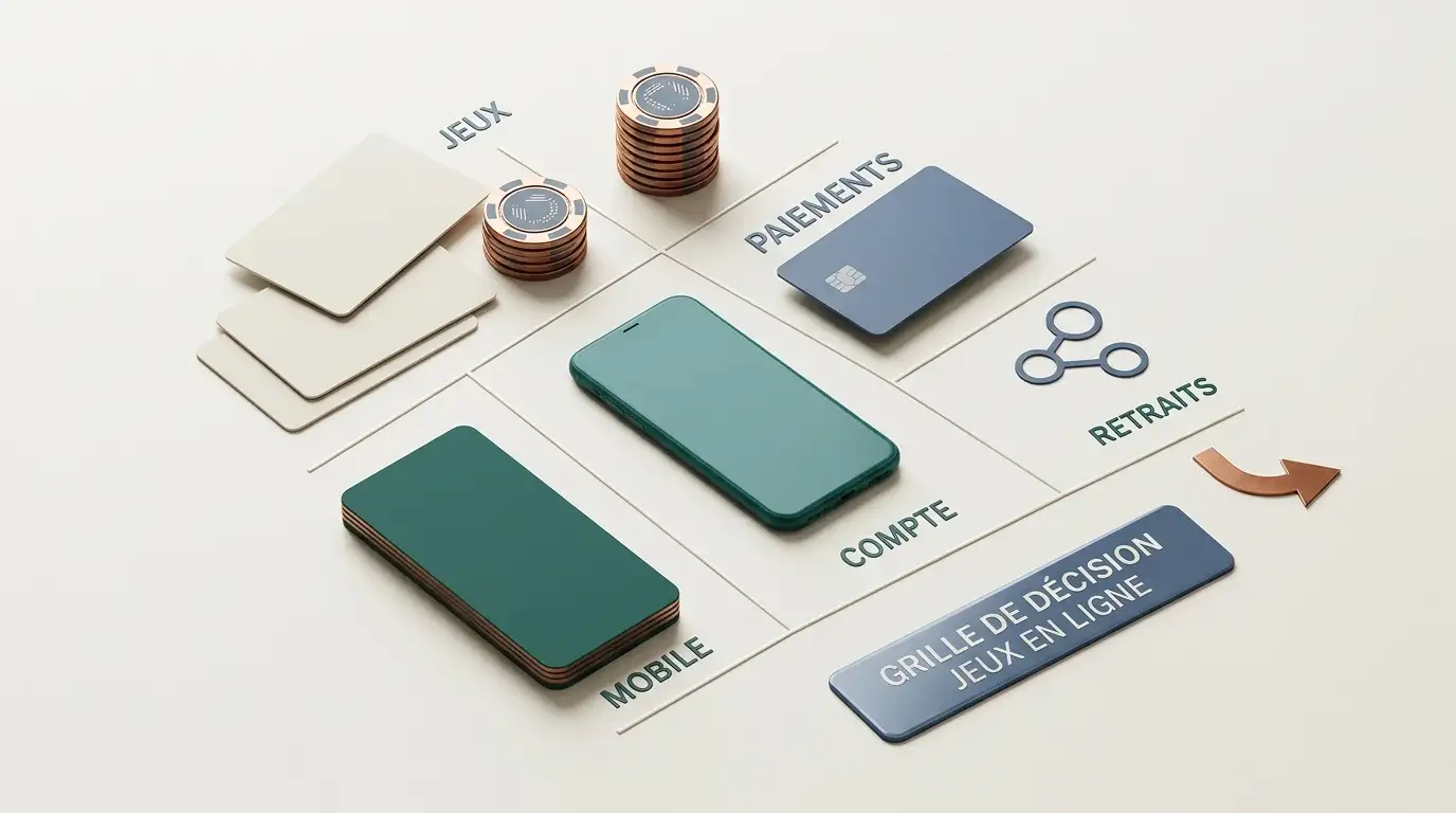 Illustration des critères jeux, paiements, mobile, compte et retraits pour évaluer Aerobet